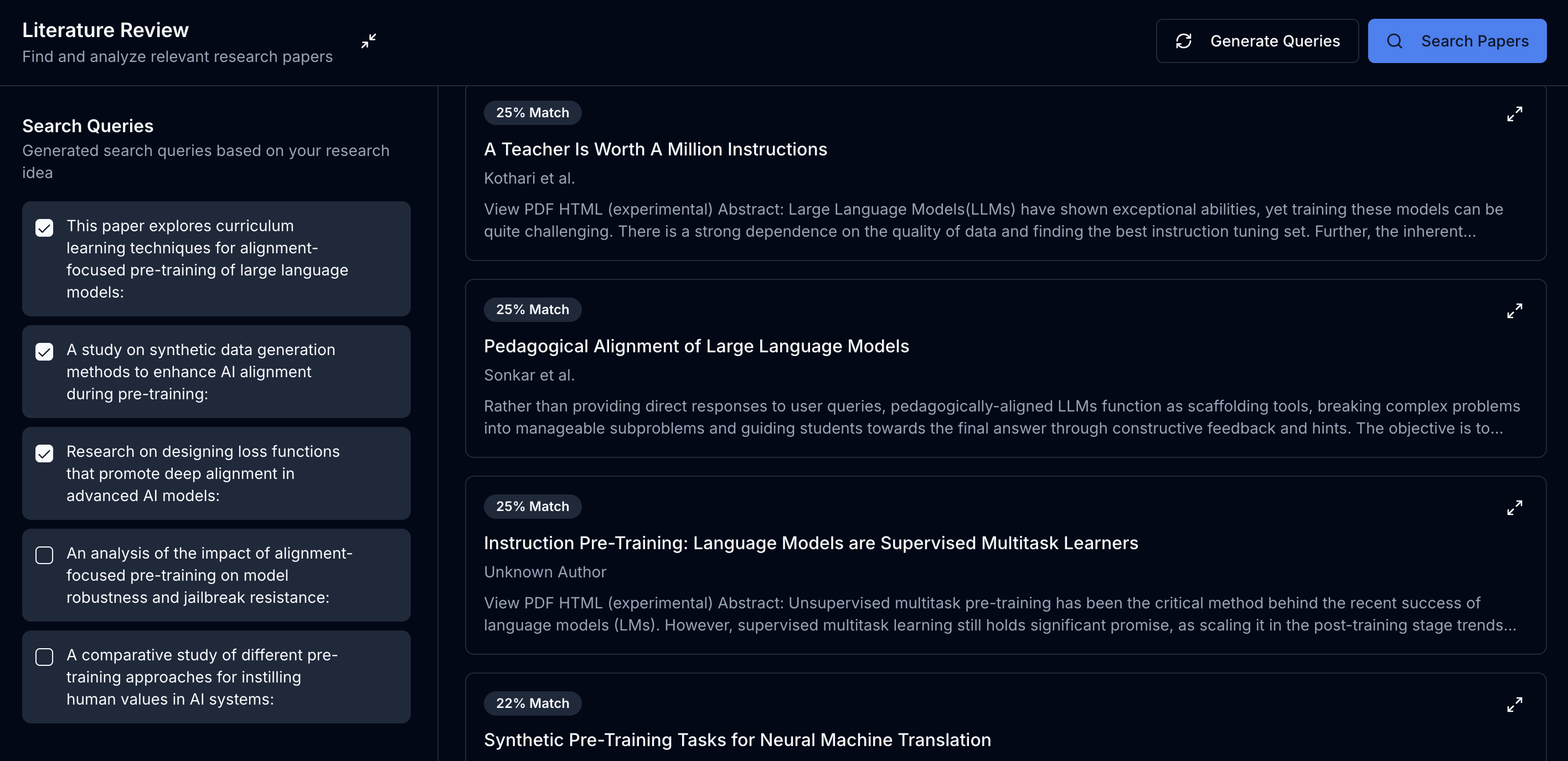 Nexus Literature Review interface showing paper search and organization features